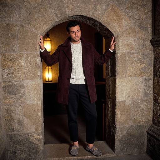 Photograph of a man with short black hair, beard, wearing a dark brown coat, white sweater, black pants, and gray shoes, standing in