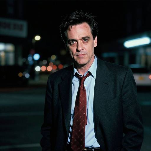 Photograph of a middle-aged man with dark hair, wearing a black suit, white shirt, and red tie, standing at night in a dimly