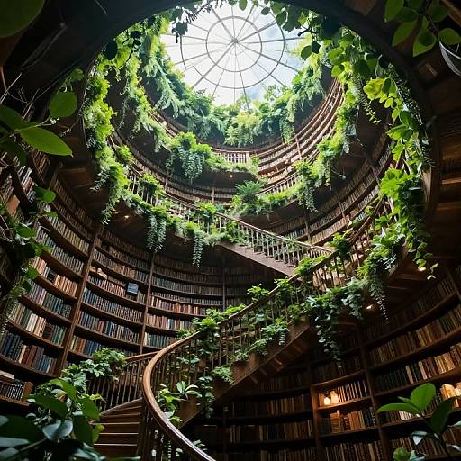 Photograph of an ornate, circular library with a glass dome ceiling, lush green foliage, spiral staircase, and book-filled wooden shelves.