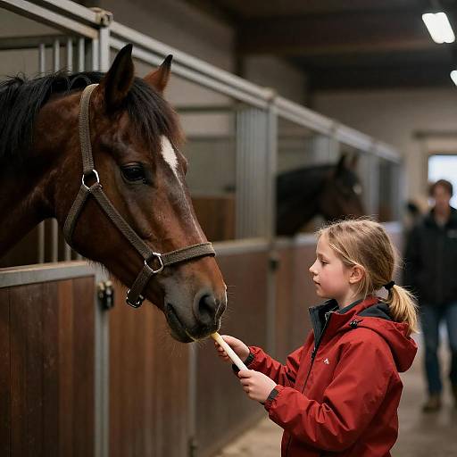 Young Girl Feeding Horse in Stable