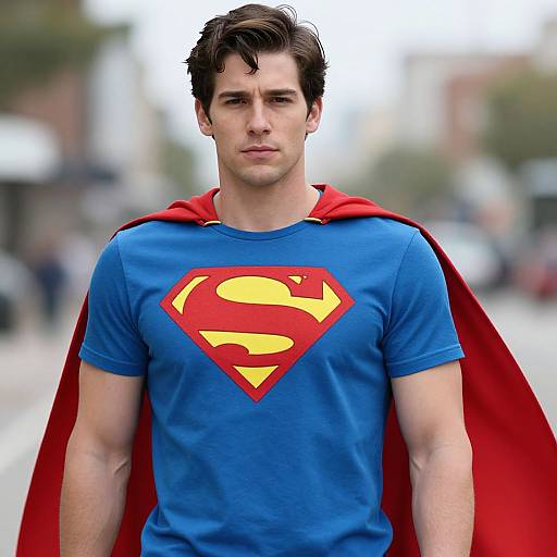 Photograph of a handsome, dark-haired man in a blue Superman shirt with red 