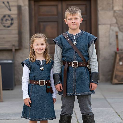 Photograph of a smiling young boy and girl in medieval-style blue tunics with brown belts and silver pendants, standing in front of a rustic stone