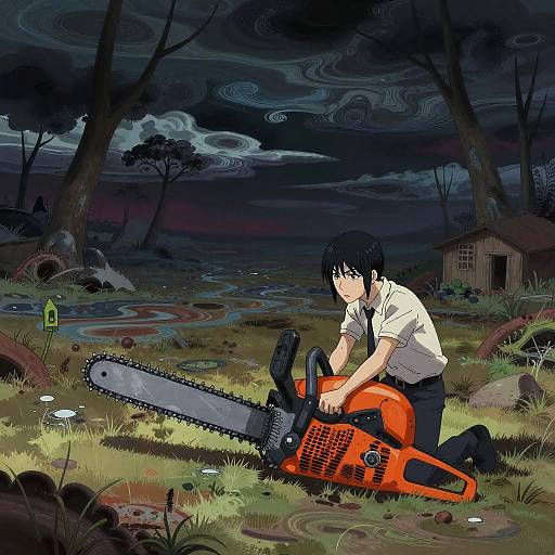 Anime-style digital drawing of a black-haired boy in a white shirt, kneeling in a dark, stormy forest, cutting grass with a red chainsaw