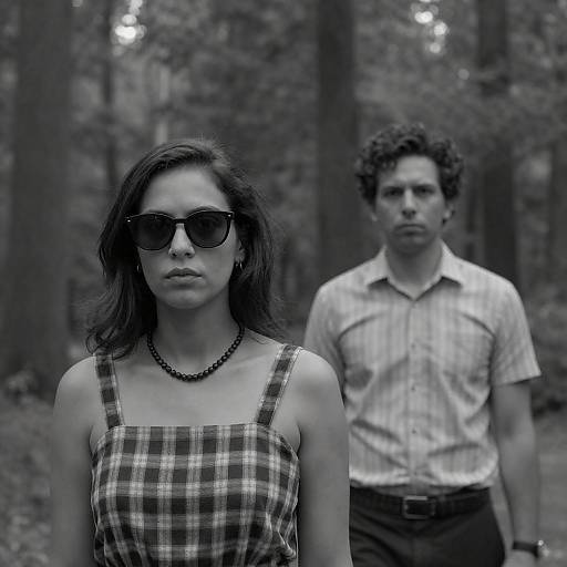 Black and White Portrait of Two People in Forest