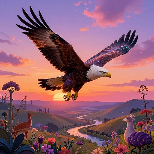 Digital artwork of a majestic bald eagle soaring over a vibrant, colorful sunset landscape with winding river, colorful flowers, and whimsical birds.