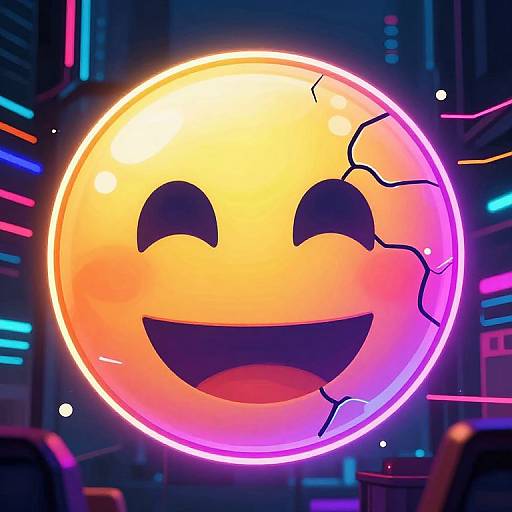 Neon-lit, cracked smiley face ball with glowing orange-yellow face and black eyes, set against a futuristic, colorful urban backdrop.