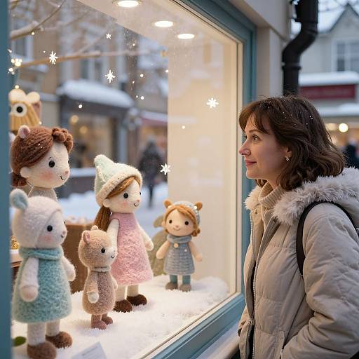 Photograph of a woman in a winter coat, gazing at a window display of adorable, snow-covered, knit teddy bear dolls in winter clothes