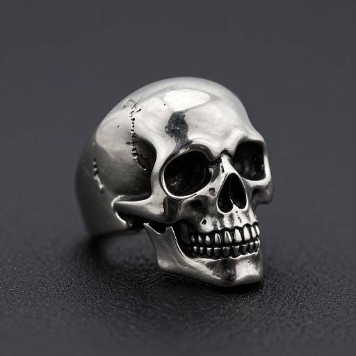 Photograph of a shiny, metallic silver skull with deep black eye sockets and teeth, set against a dark, textured background.