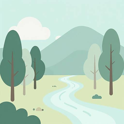 Digital illustration of a minimalist landscape: green trees, a winding blue river, pale yellow ground, and soft blue hills under a bright sky.