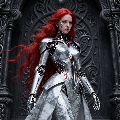 Digital artwork of a red-haired woman with long flowing hair, wearing shiny silver armor, standing in front of a dark, intricately carved archway.