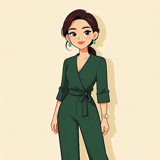 Digital drawing of a smiling woman with dark brown hair in a ponytail, wearing a dark green wrap jumpsuit, teal earrings, and a watch,