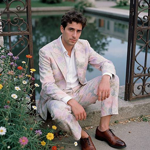 Photograph of a handsome, dark-haired man in a pastel floral suit, white shirt, brown loafers, sitting by a lake with colorful flowers