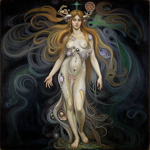Digital artwork of a nude, ethereal woman with long, flowing auburn hair, adorned with circular jewels, set against a dark, swirling background