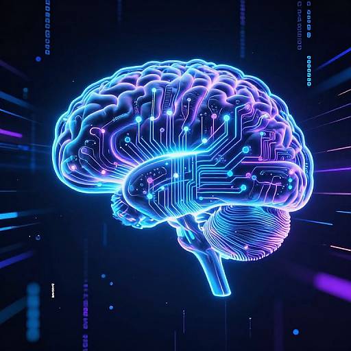 Neon blue and purple CGI of a glowing, circuit-patterned human brain against a dark, tech-themed background with digital lines.