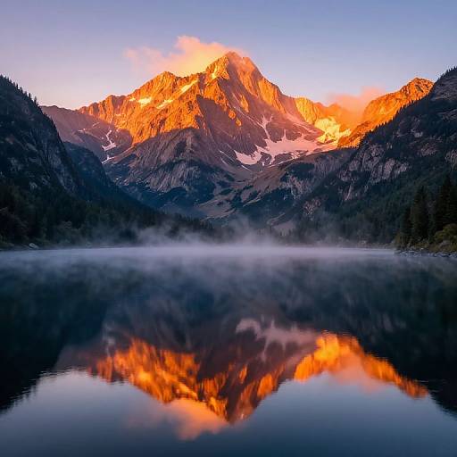 Photograph of a majestic mountain range bathed in golden sunset light, reflected in a calm, misty lake, with dark forested slopes on either