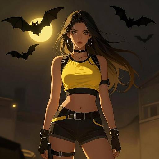 Confident Woman in Yellow and Black Outfit with Bats