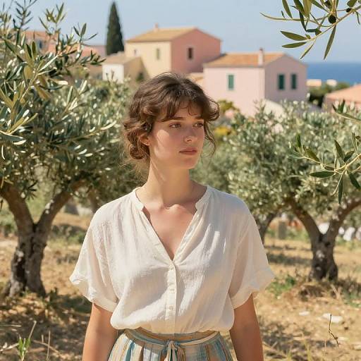 Photograph of a young woman with fair skin and dark brown wavy hair, wearing a white blouse and striped skirt, standing in an olive grove