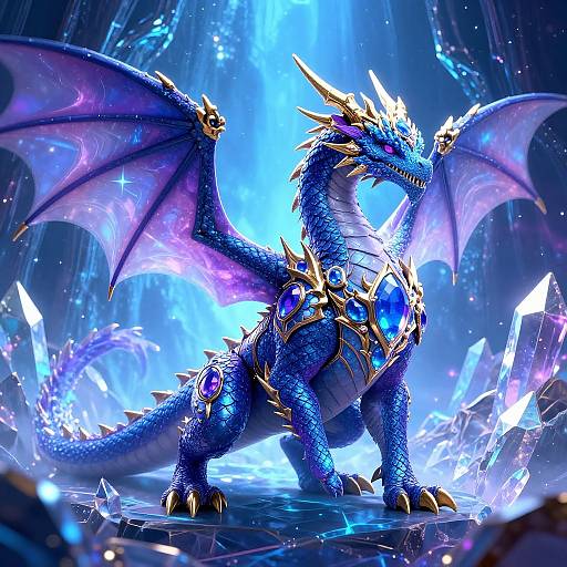Digital artwork of a blue, purple-winged dragon with golden horns and armor, adorned with blue gemstones, standing amidst glowing crystals in a radiant,