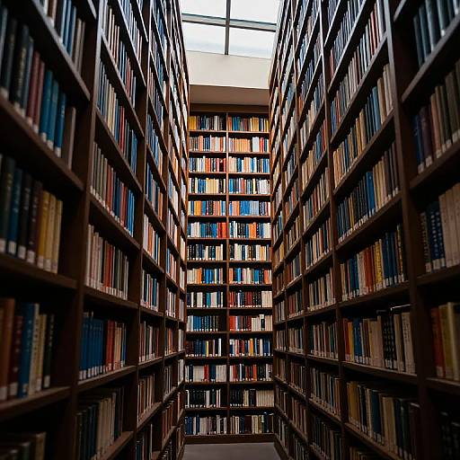 Photograph of a tall, narrow library aisle with towering wooden bookshelves filled with colorful books, leading to a bright skylight at the top