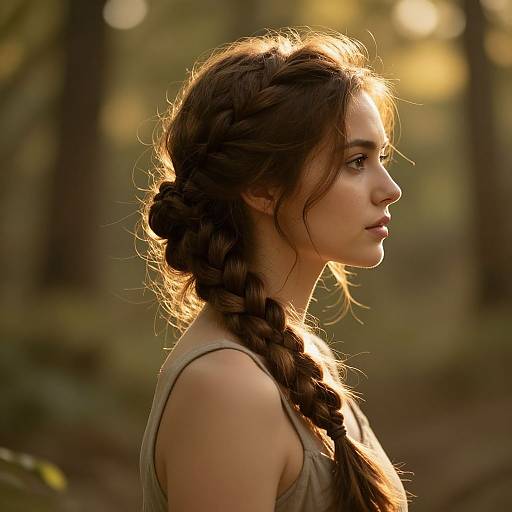 Photograph of a young woman with braided brown hair, sunlight illuminating her profile, wearing a sleeveless beige top, standing in a forest.
