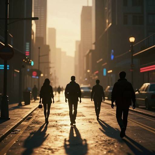 Photograph of silhouetted pedestrians walking down a sunlit, urban street at sunset, with glowing city lights and tall buildings in the background.