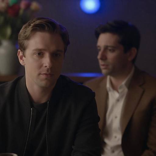 Two Men in Dimly Lit Restaurant