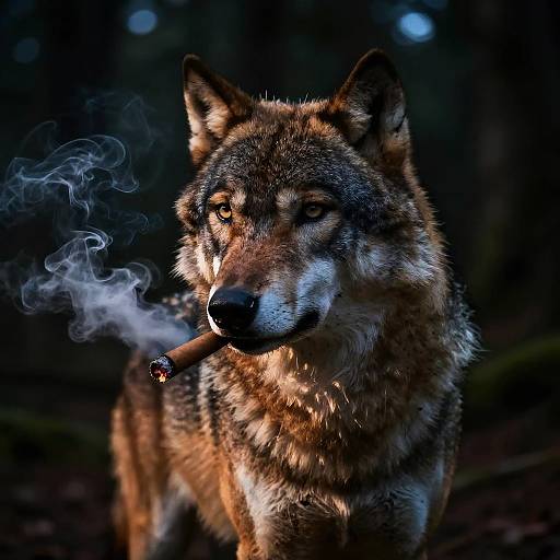 Photograph of a fierce, brown and black wolf with piercing eyes, standing in a dark forest, smoking a lit cigar with wisps of smoke curl