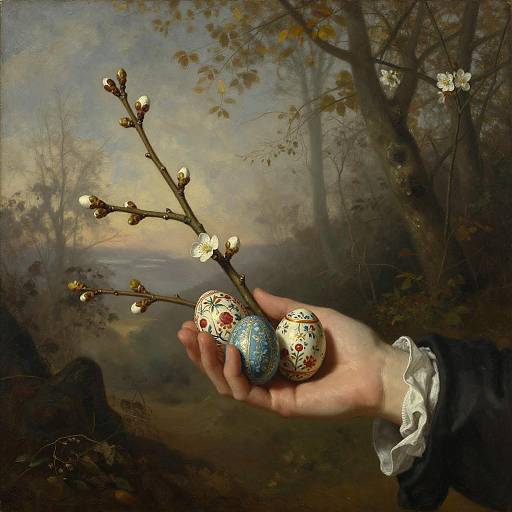 18th Century Hand Holding Blossoming Branch and Decorated Easter Eggs
