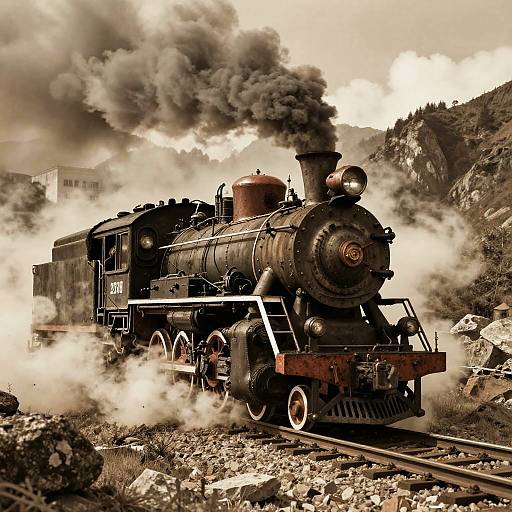 Sepia-toned photograph of a vintage black steam locomotive emitting thick smoke, chugging through rocky terrain with mountainous background.
