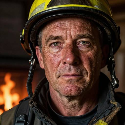 Close-up photograph of a rugged, middle-aged Caucasian firefighter with weathered skin, intense green eyes, and a yellow helmet, against a blurred fiery background