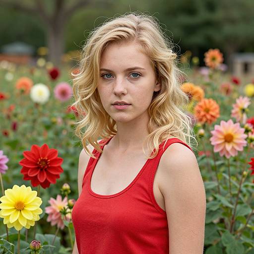 Photograph of a young blonde woman with wavy hair, wearing a red tank top, standing in a vibrant flower garden with colorful daisies in