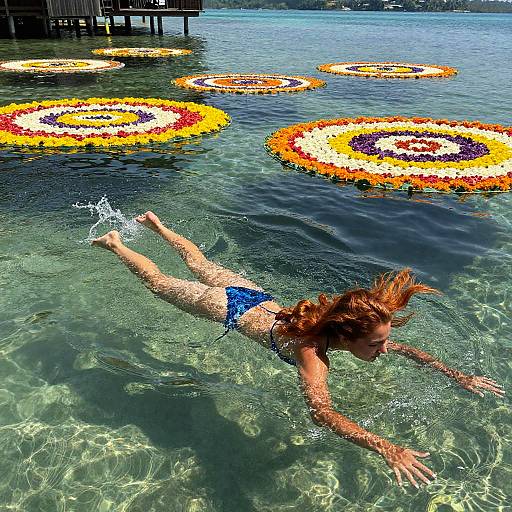 Photograph of a red-haired woman in blue bikini, swimming underwater towards colorful flower-shaped floats in clear, sunny lake.