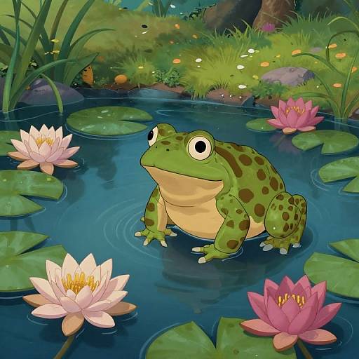 Digital illustration of a green, spotted frog with wide eyes sitting in a serene pond surrounded by pink and white water lilies, with lush greenery and