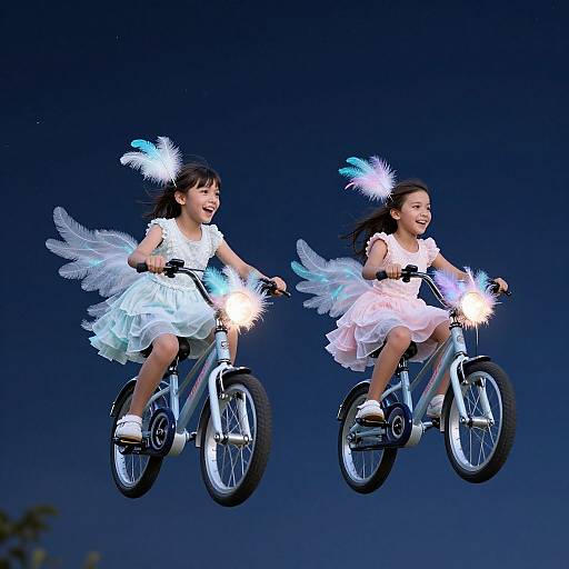 Photograph of two smiling Asian girls in white tutus and angel wings, riding bicycles against a dark blue evening sky.