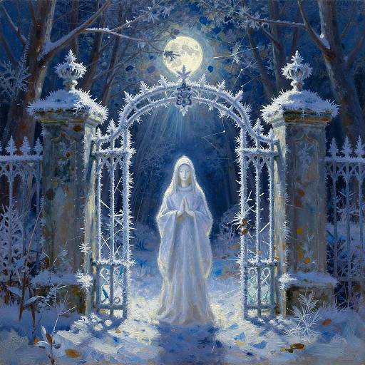Mysterious white-robed figure under radiant moonlight, surrounded by glowing snowflakes, framed by an icy archway in a dark, enchanted forest