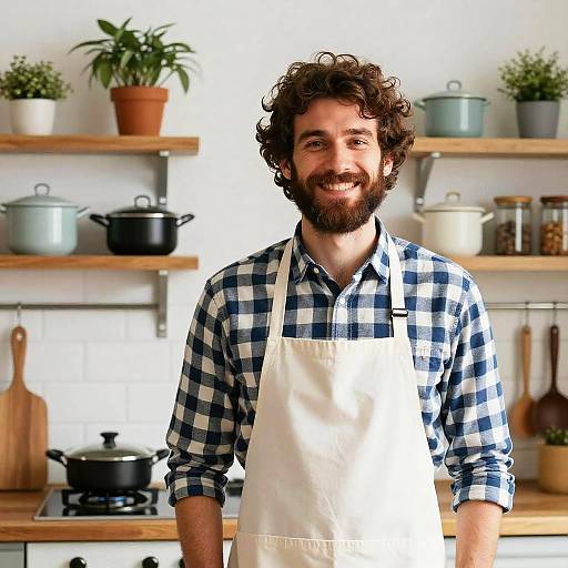 Photograph of a smiling bearded man with curly brown hair, wearing a white apron and blue checkered shirt, standing in a bright, modern