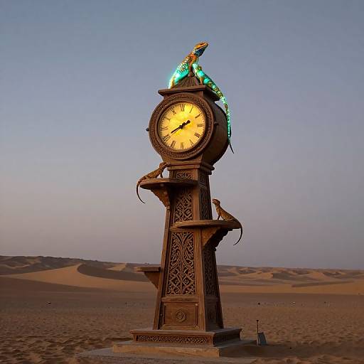 Photograph of an ornate, illuminated clock tower with a golden rooster on top, standing in a desert with sand dunes at dusk.