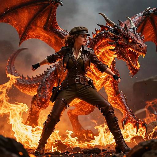 Digital artwork of a fierce woman in a leather outfit, standing confidently with a blazing red dragon behind her in a fiery battlefield.