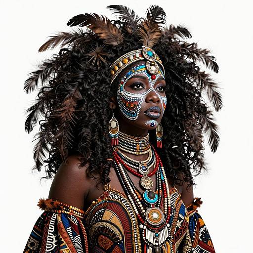 Photograph of an African woman with dark skin, large afro, adorned in vibrant, intricate tribal jewelry and feathered headdress, against white background