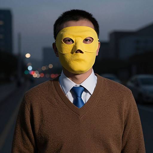 Photograph of an Asian man in a yellow clown mask with a simple smile, brown sweater, white shirt, blue tie, standing on a dimly