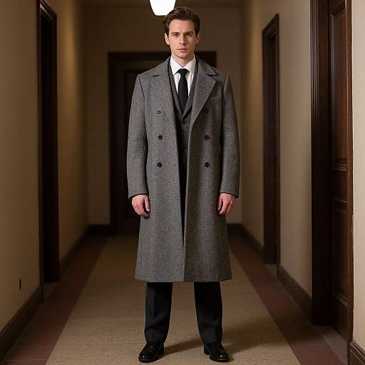 Photograph of a serious-looking man in a long gray overcoat, black suit, white shirt, and black tie, standing in a dimly lit