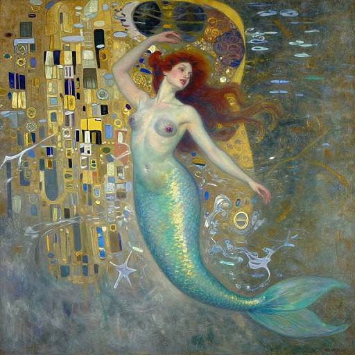 Digital painting of a pale-skinned, red-haired mermaid with green scales, topless, floating amidst a golden, abstract background with circular patterns and