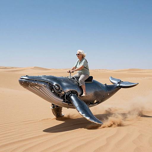 Photograph of a blonde man in white shirt and gray pants riding a giant, detailed black whale through a clear blue sky desert.