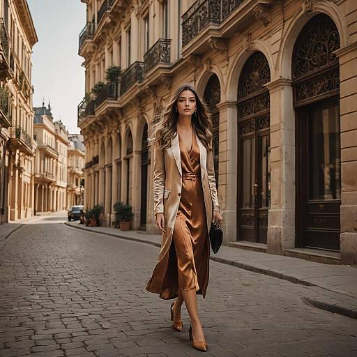 Chic Woman Walking on Elegant European Street