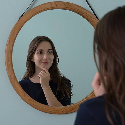 Photograph of a young woman with long dark hair, wearing a black top, smiling at herself in a circular wooden mirror against a light blue wall.