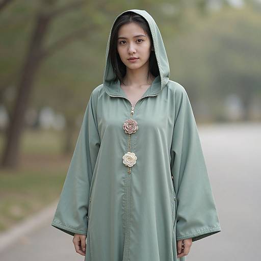 Photograph of an Asian woman with long black hair, wearing a loose, green hooded dress with ornate floral brooches, standing on a