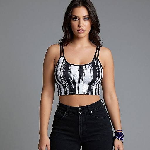 Photograph of a young woman with long black hair, wearing a black-and-white striped crop top and high-waisted black jeans, against a gray