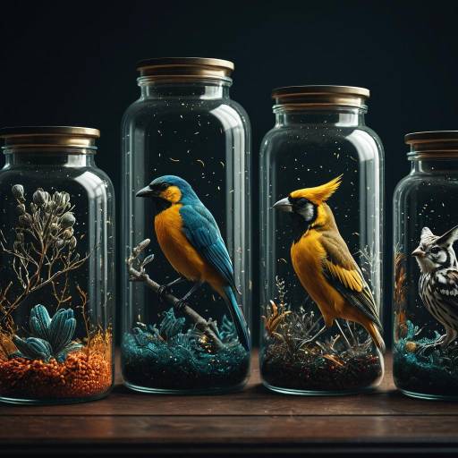 Colorful Birds in Glass Jars with Botanical Elements Colorful Birds in Glass Jars with Botanical Elements