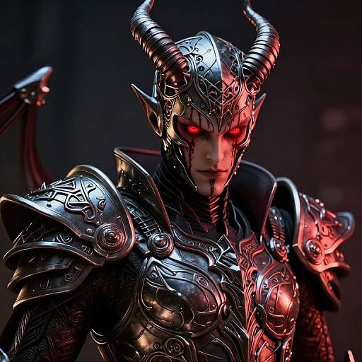 Digital artwork of a demonic warrior with glowing red eyes, intricate black and red armor, curved horns, and dark background.