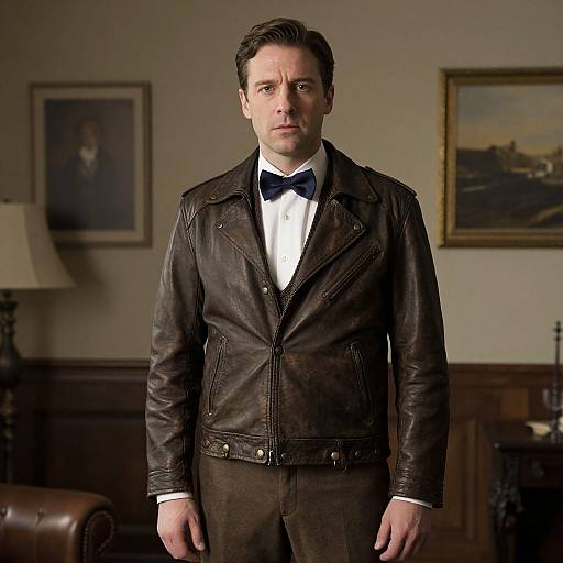 Photograph of a serious-looking white man with short dark hair, wearing a black leather jacket over a white shirt and black bow tie, standing in an